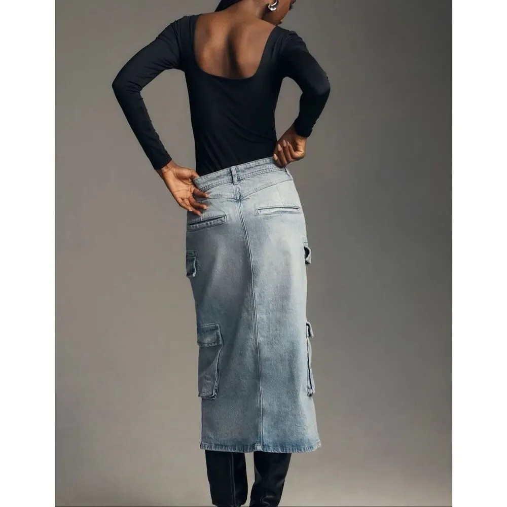 Anthropologie Pilcro Midi‎ Skirt Cargo Blue Denim 2